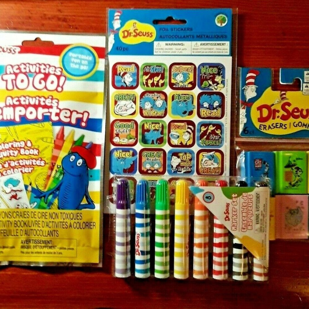 Dr. Seuss Gift Set: 6 Erasers, 40 Foil Stickers, 8 Markers, 1 Activities Package